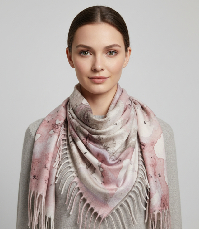 Women's scarf with watercolor delicate pattern and tassels