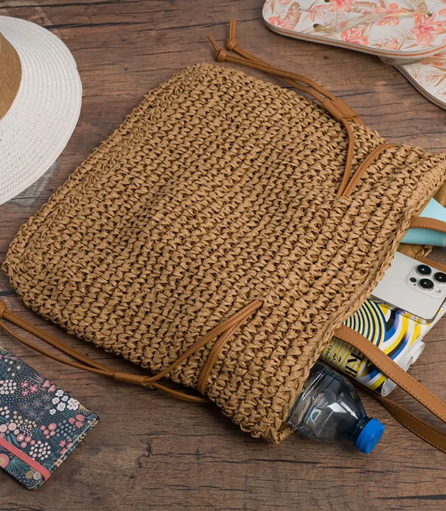 Torebka shopper boho z plecionki z troczkami i podszewką