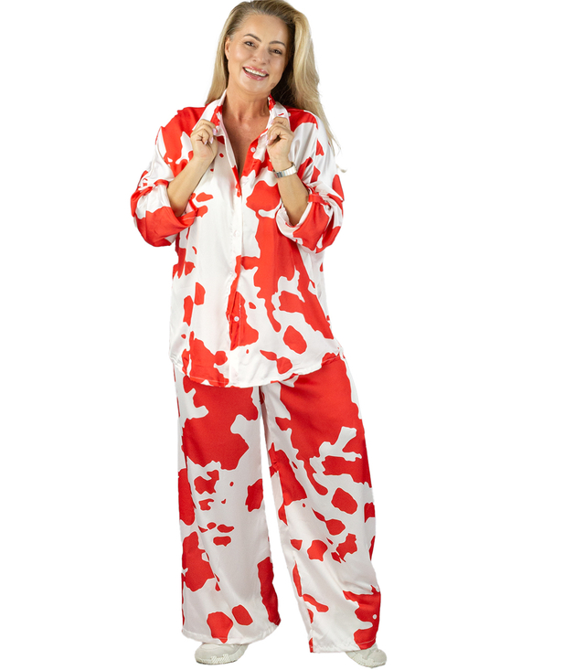 Fashionable set of satin shirt and pants in cow print SLOANE