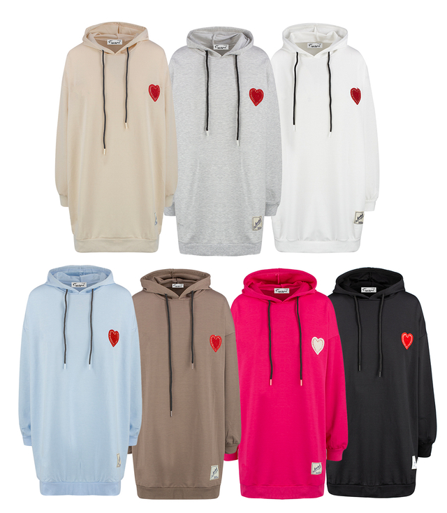 Long oversize dress sweatshirt with hood and heart patch LILLY