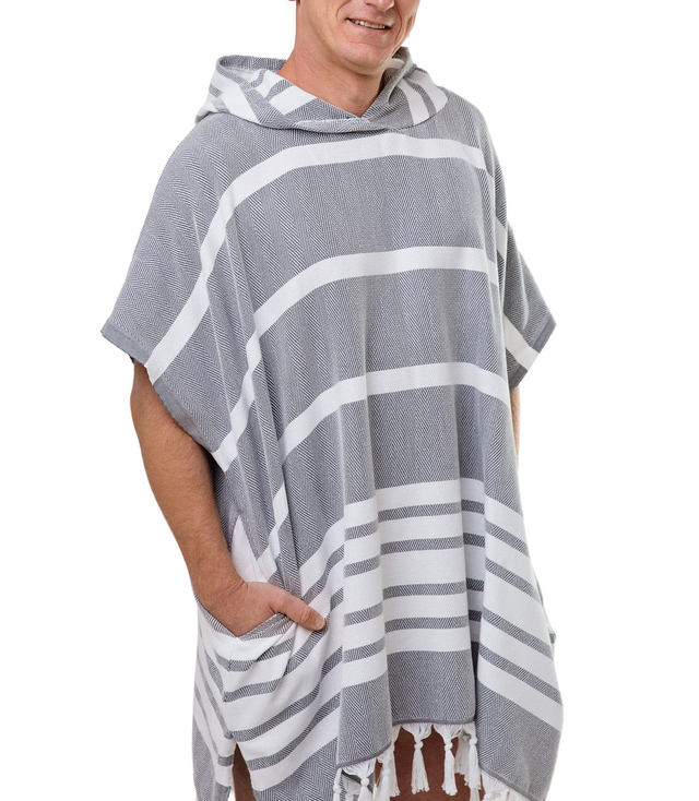 Sauna poncho z frędzlami w paski UNISEX bawełniane