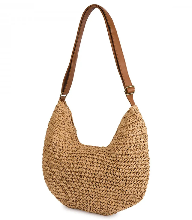Semi-circular boho handbag with eco-leather strap and zipper closure