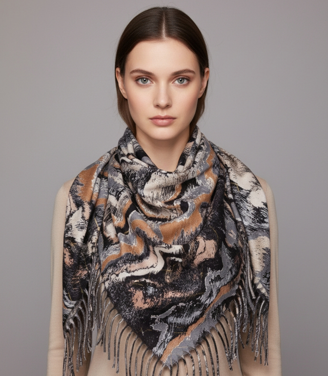 Wavy delicate pattern scarf with tassels