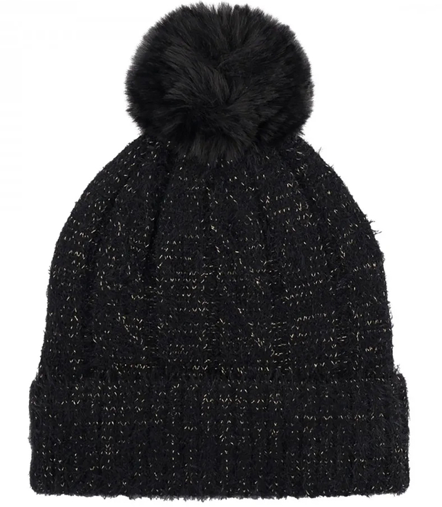 Warm women's cap with pompom and shiny thread autumn winter hat 