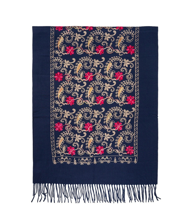 Women's folklore scarf with flower motif and tassels