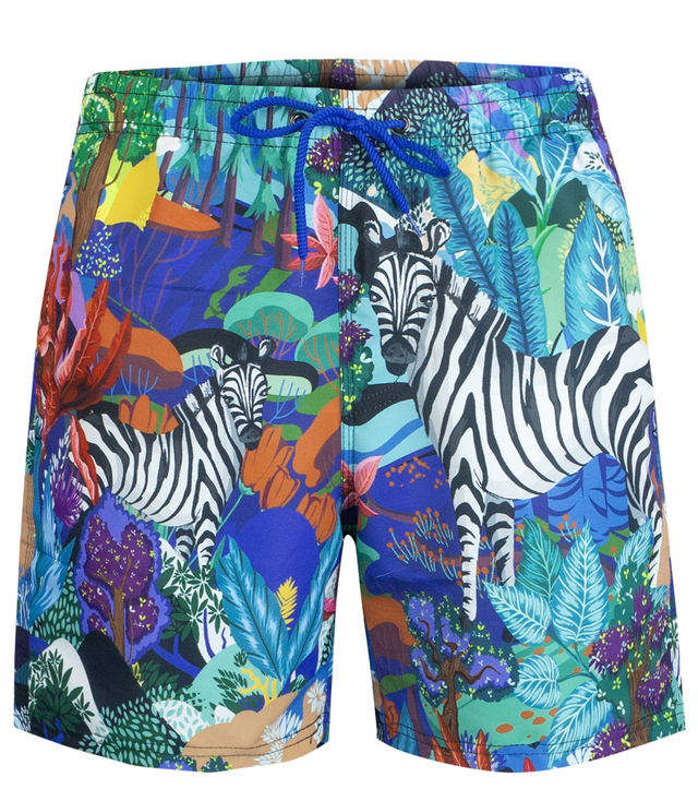 Swimming shorts with tropical print all over patterns