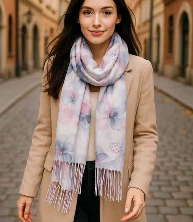 Women's scarf with floral motif and tassels elegant