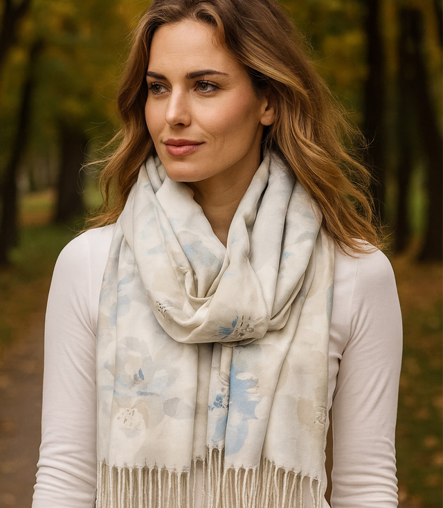 Women's scarf with floral motif and tassels elegant