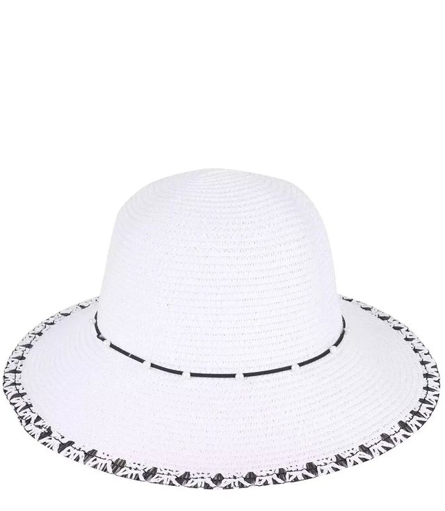 Women's straw hat with a strap with pearls