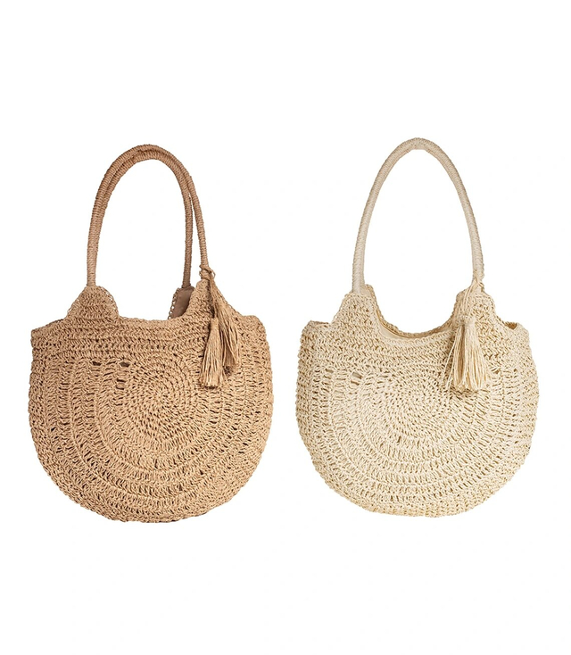 Large round straw beach bag, fully woven