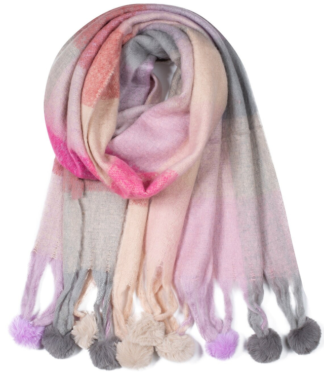 Fluffy shawl scarf squares knit pompoms