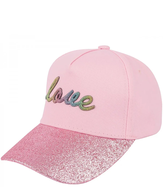 Children's baseball cap decorated with glitter and the word LOVE