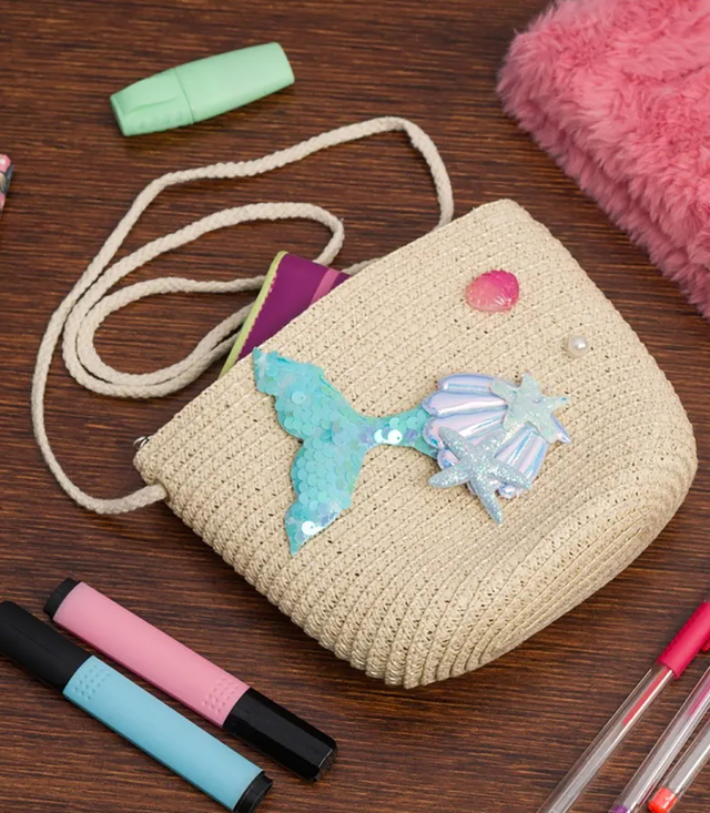 Children's Straw Handbag with Mermaid Tail and Shells