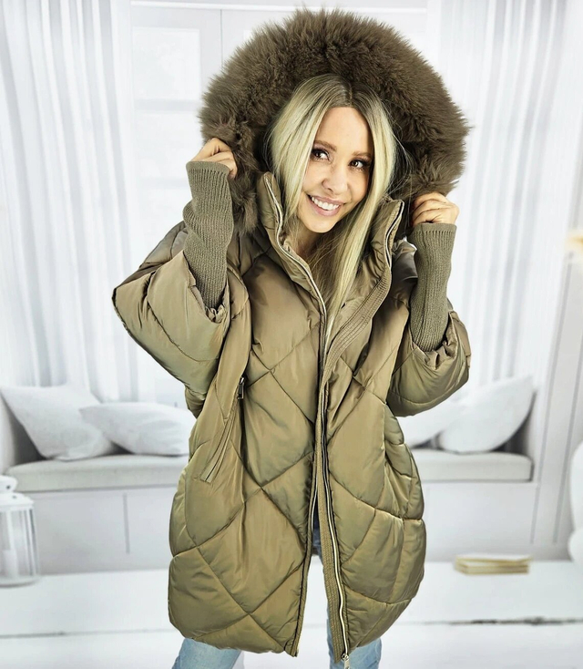 Warm womens winter quilted jacket with a hood and fur NASTY