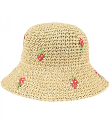 Kapelusz damski letni słomkowy z haftem truskawek BUCKET HAT 