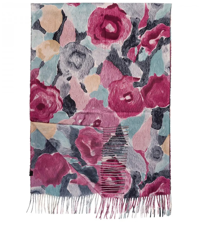Women's scarf with floral motif and tassels elegant