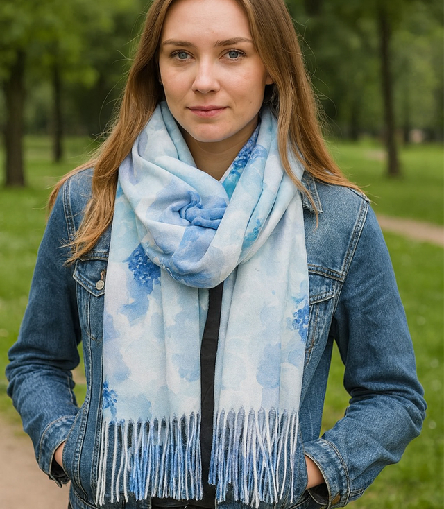 Women's scarf with floral motif and tassels elegant