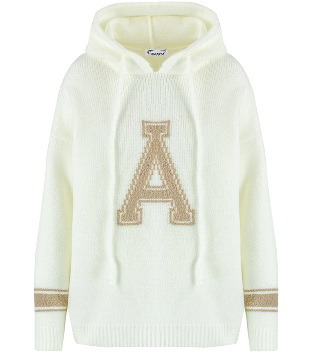 Warm women's sweater with a hood and the letter A Alicja