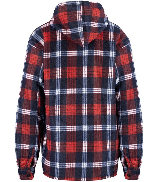 Warm fleece men's plaid shirt with hood insulated with faux fur