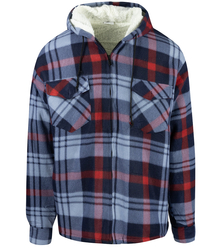 Warm fleece men's plaid shirt with hood insulated with faux fur