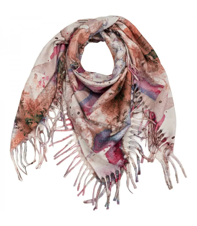 Women's scarf with watercolor delicate pattern and tassels