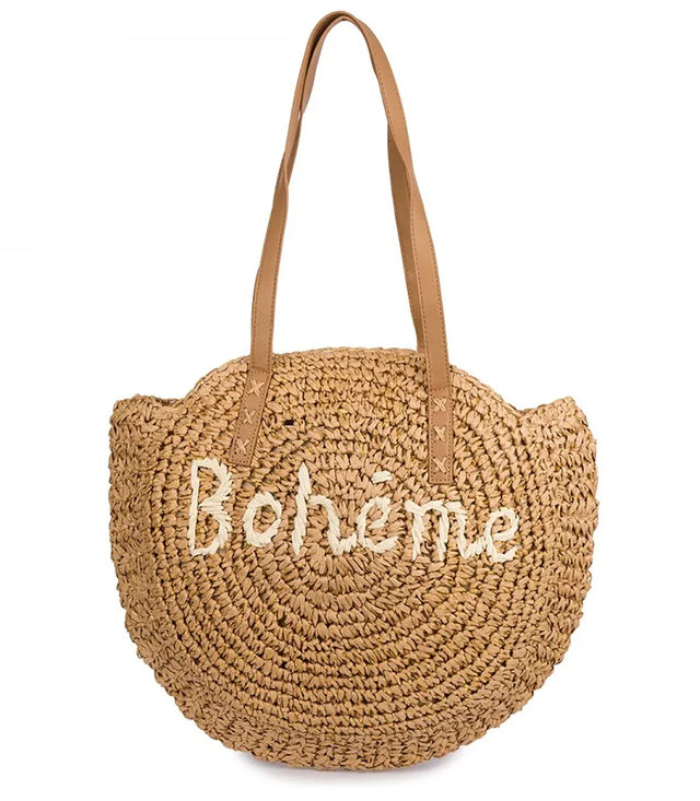 Round braided boho handbag with "Bohème" lettering