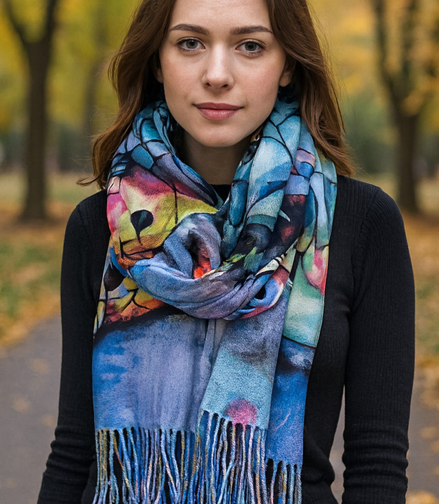 Women's scarf with abstract motif tassels