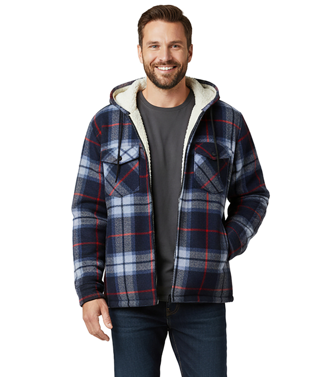 Ciepła polarowa koszula męska w kratę z kapturem ocieplana futerkiem