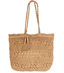 Large rectangular straw beach bag with openwork pattern