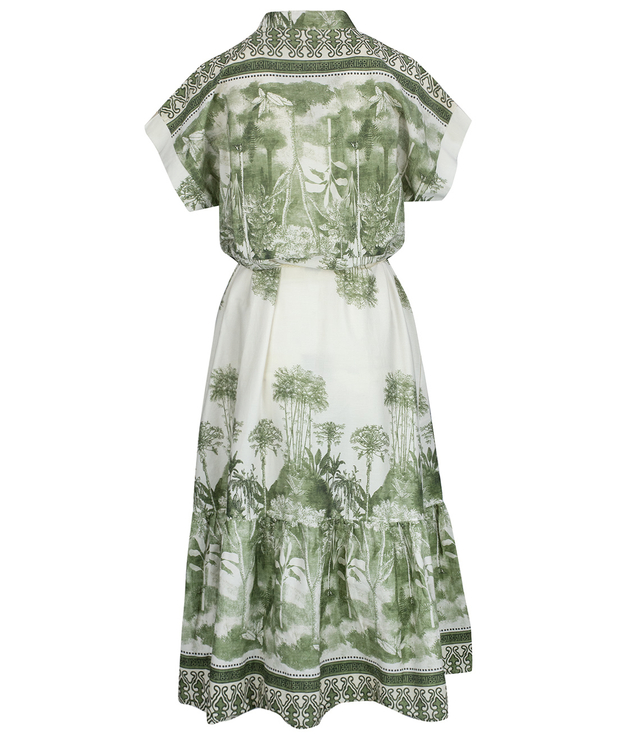 Midi safari print summer dress with a stand-up collar and a NEL belt