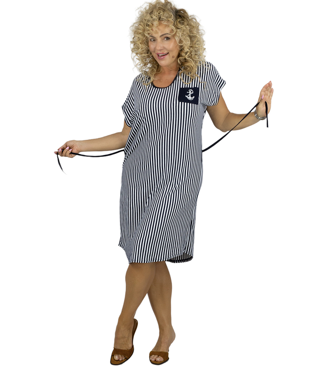 Navy striped midi dress with waist tie MARINA
