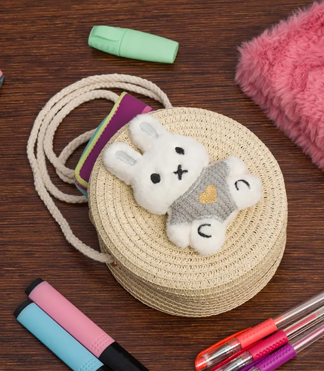 Children's straw bag with plush rabbit