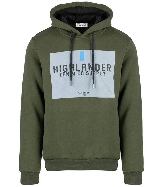 Men's warm, thick sweatshirt with a hood and a print
