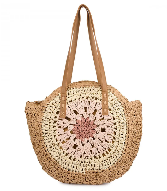 Large round braided handbag with openwork pattern