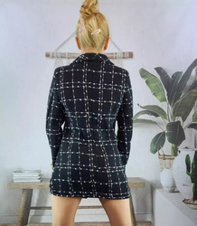 Women's double-breasted long tweed plaid jacket