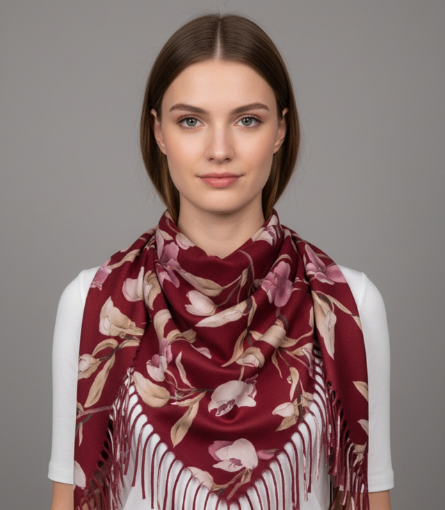 Elegancka kwiatowa chusta szal szalik z frędzlami