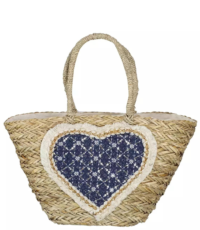 Large natural basket with trapeze bag boho heart