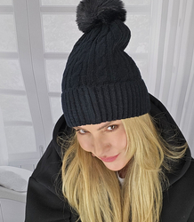 Warm women's cap with pom-pom autumn winter monochrome hat