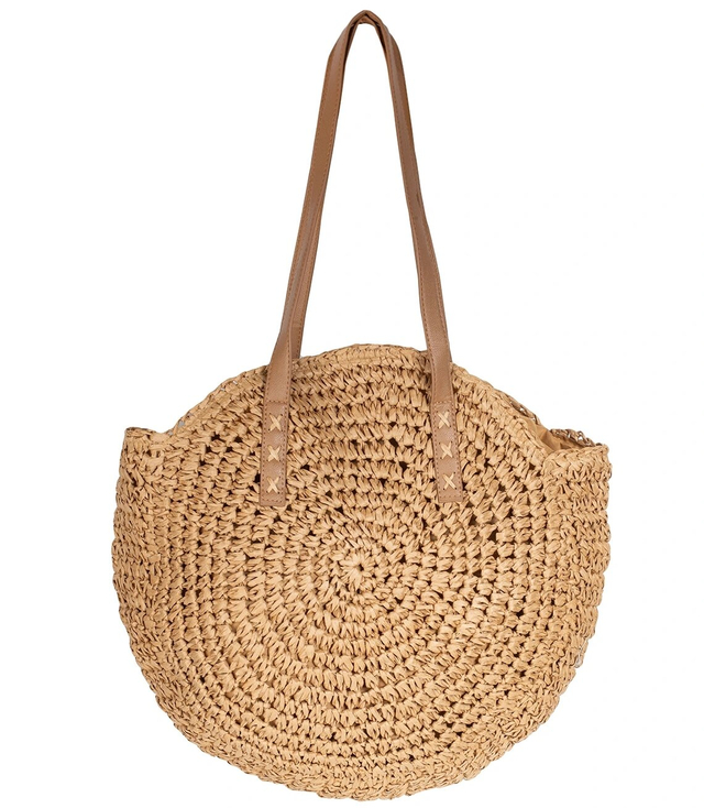 Large round woven straw beach bag 