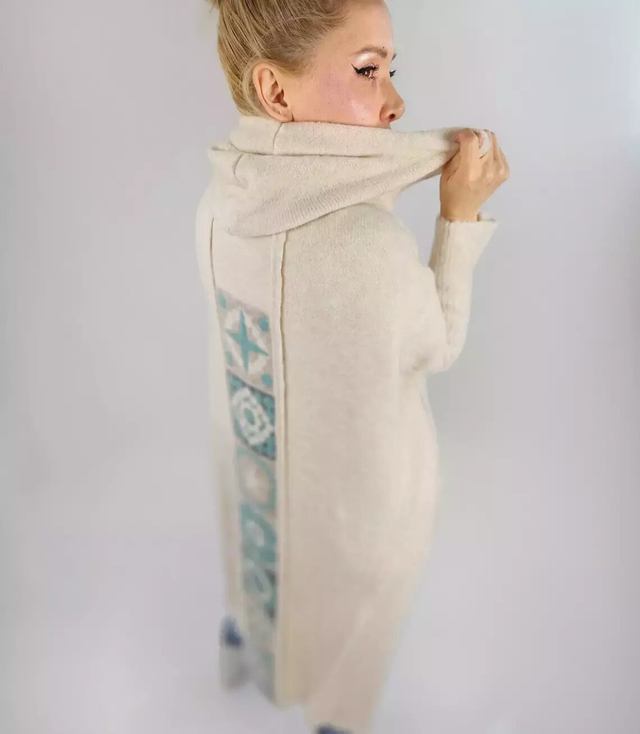 Long cardigan sweater Greek pattern with wool