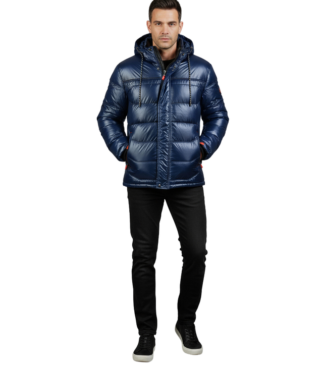 Men's winter quilted jacket with hood and sheen