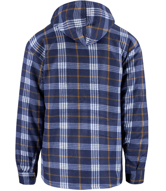 Warm fleece men's plaid shirt with hood insulated with faux fur