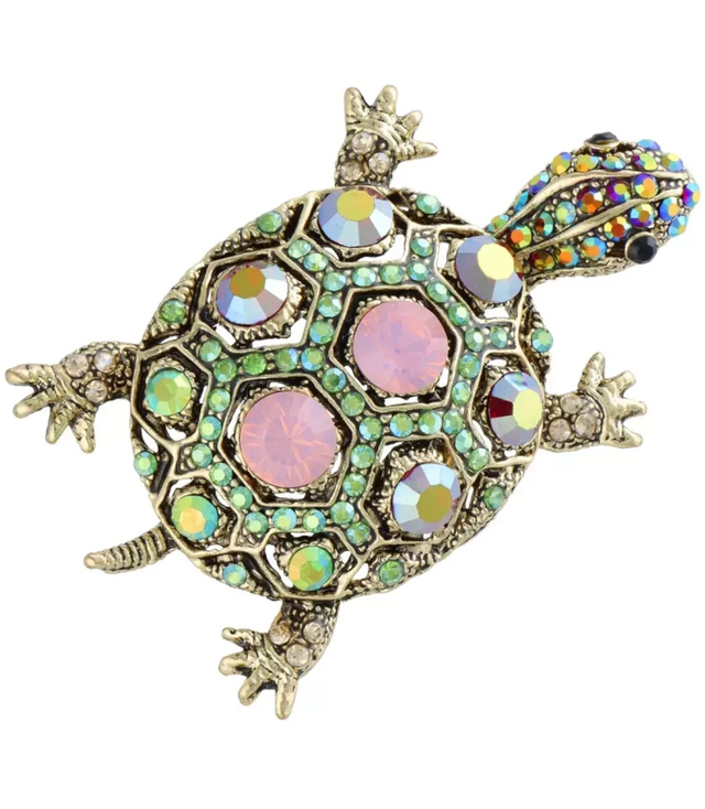 Gold tortoise brooch colored rhinestones Gift