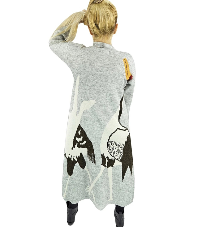 Long cardigan sweater bird print cashmere GRACE