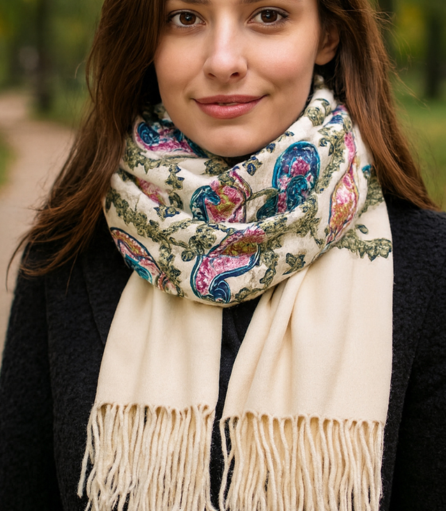 Women's scarf with embroidered pattern and tassels