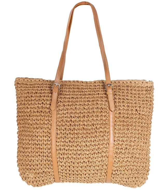 Large rectangular straw beach bag with eco-leather handles