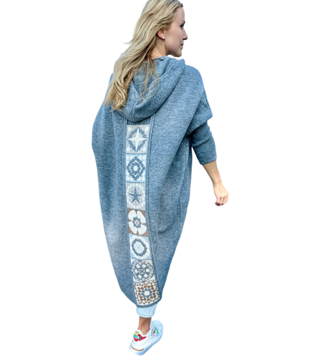 Ciepły sweter damski kardigan grecki wzór z wełną z kapturem