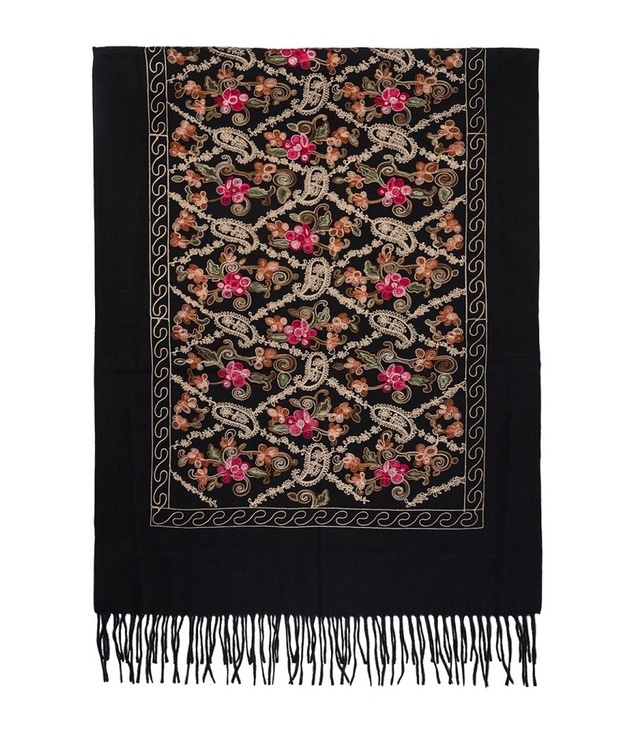 Women's folklore scarf with flower motif and tassels