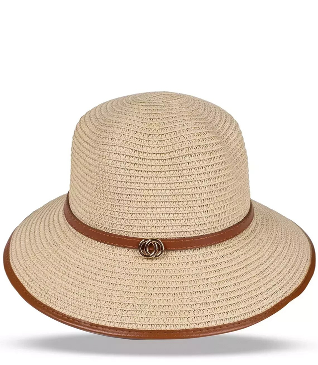 Women's straw hat with a belt and trim