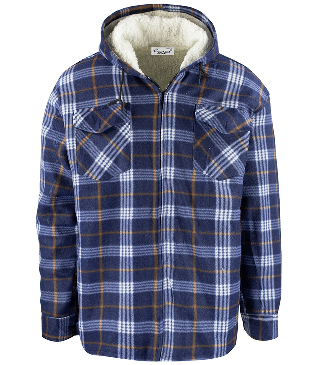 Warm fleece men's plaid shirt with hood insulated with faux fur